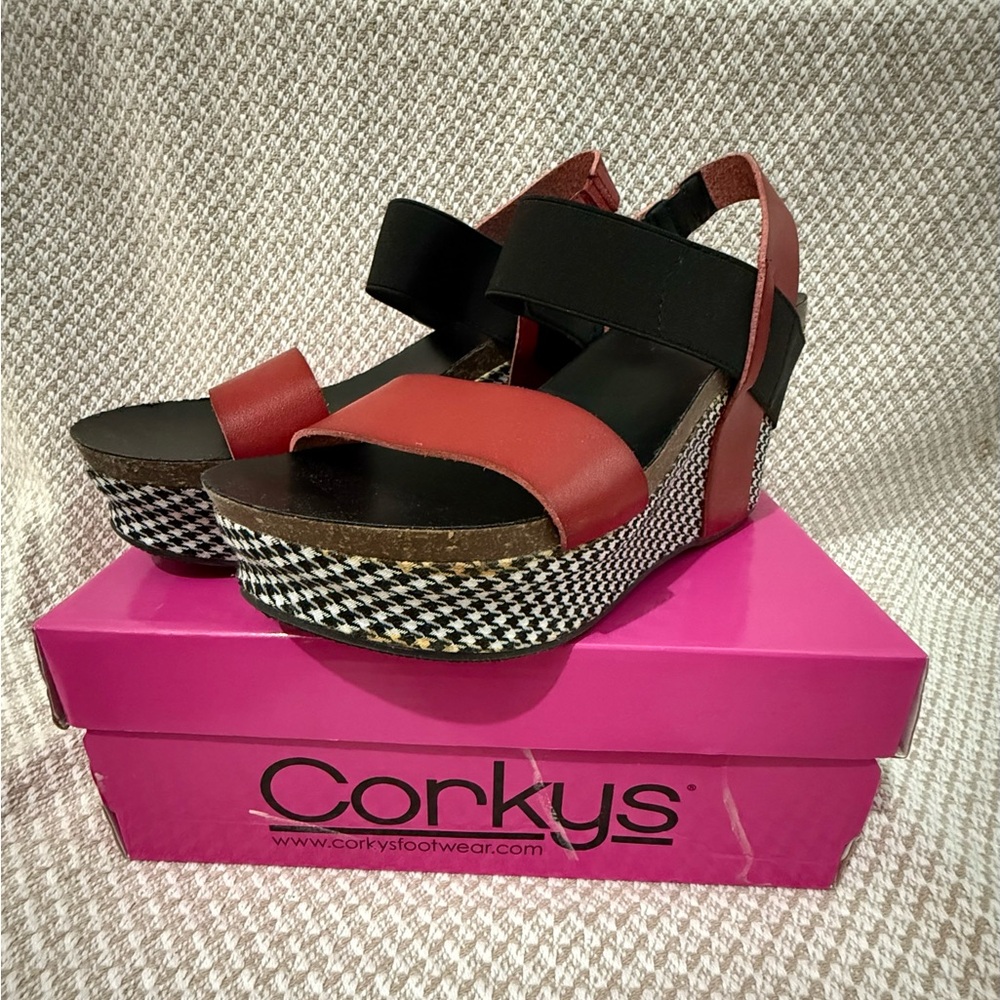 Corkys Women's Red and Black Wedge Sandals SZ 10 NEW in box
